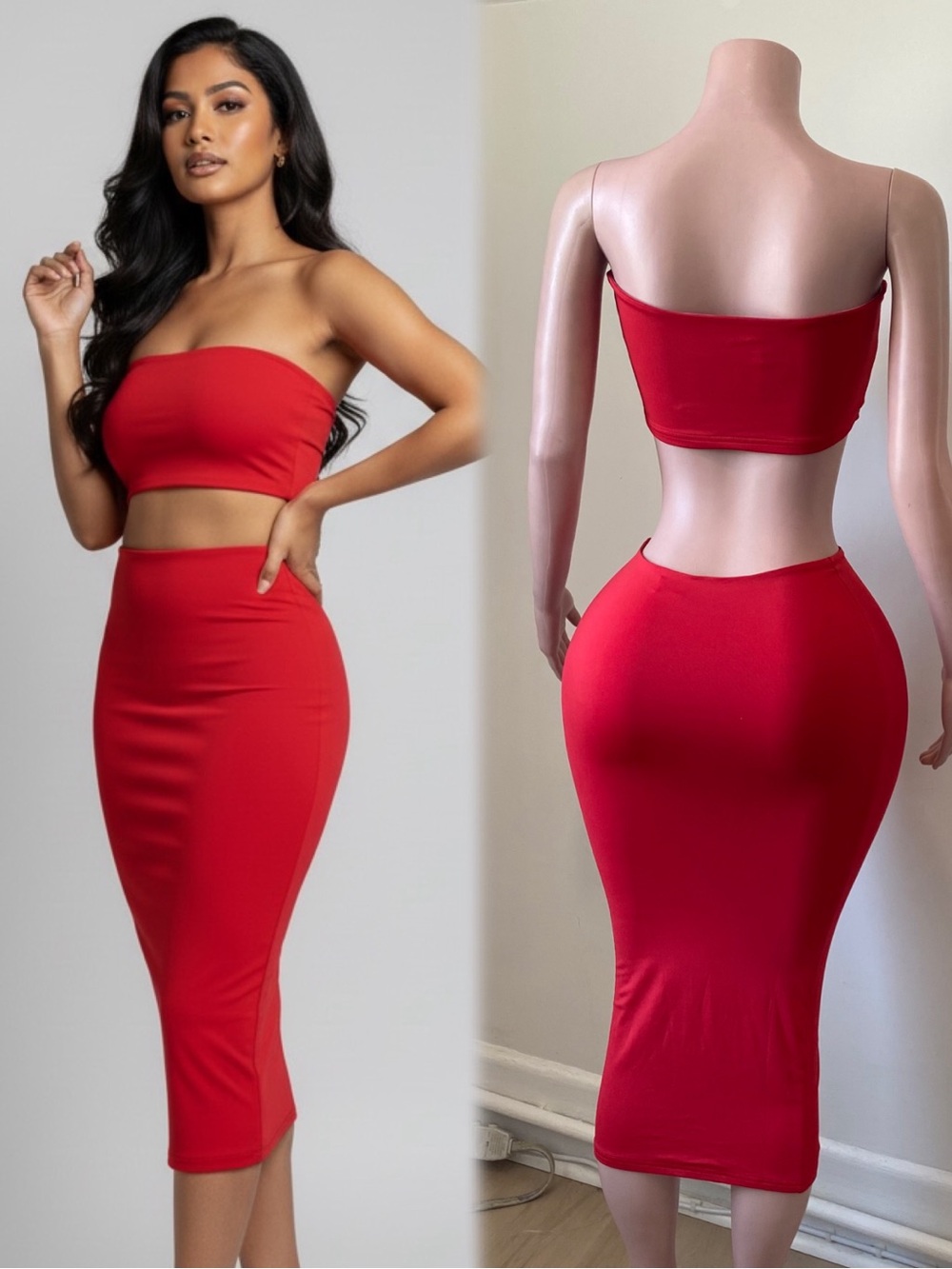 Red High-Waist Midi Pencil Skirt Set